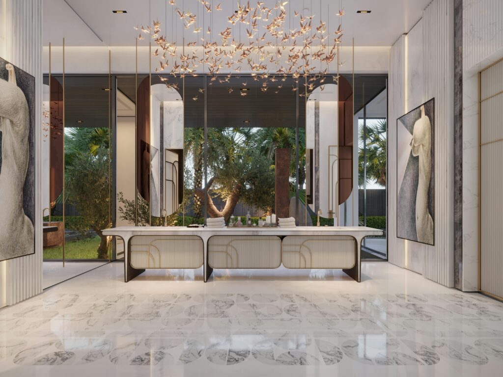 Elegant interior design with marble floors and artistic elements in a luxurious space.